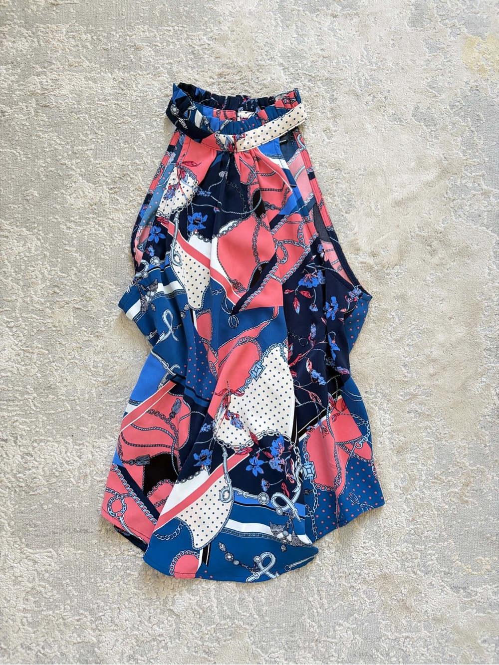 Aqua Navy Blue and Coral Halter Neck Print Blouse